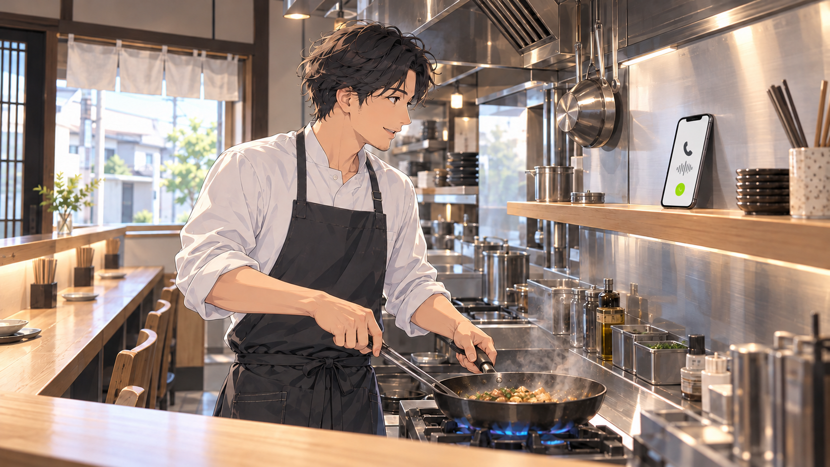 小さなカウンターの飲食店で、手もとのスマートフォンのそばで調理を続ける店主の開発イメージ