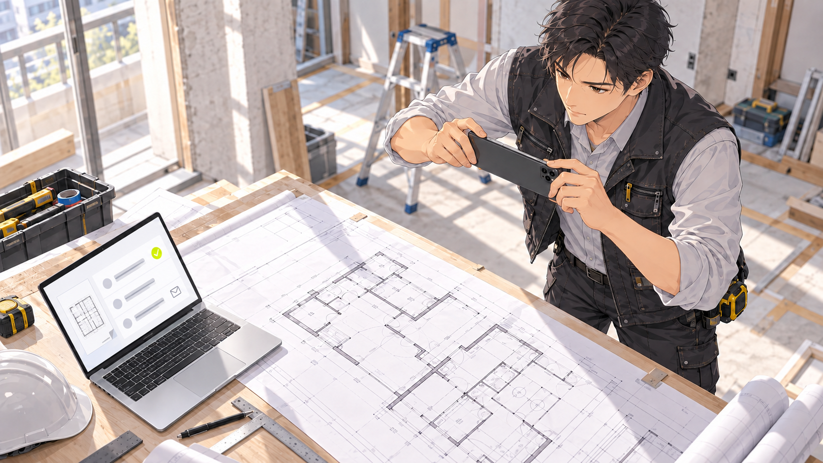 右上から斜めに見下ろした建築現場で、男性の担当者が紙の図面をスマートフォンで撮影し、左下にノートパソコンがある開発イメージ