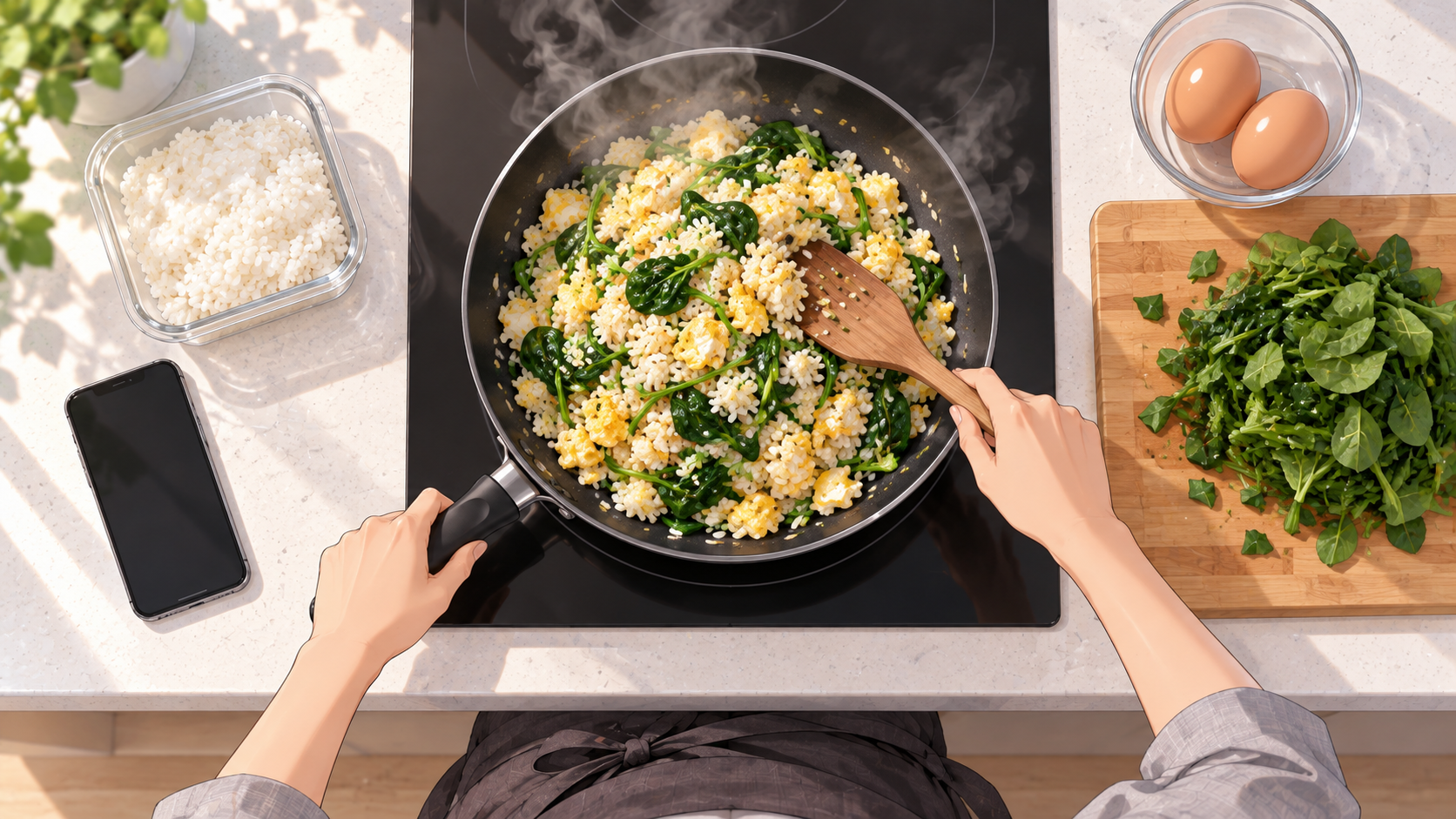 真上から見たキッチンで、スマートフォンのそばで卵とほうれん草の炒飯を調理する両手の開発イメージ