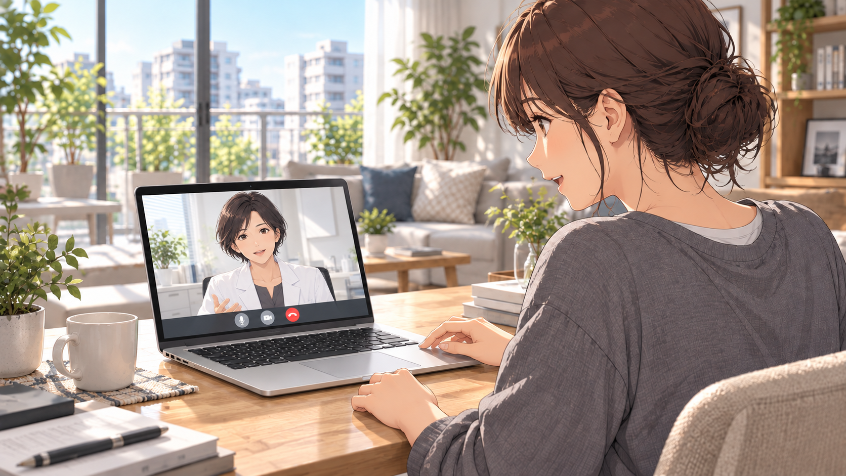 自宅でノートパソコンの医師と話す人を、右肩越しに描いたオンライン診療の開発イメージ